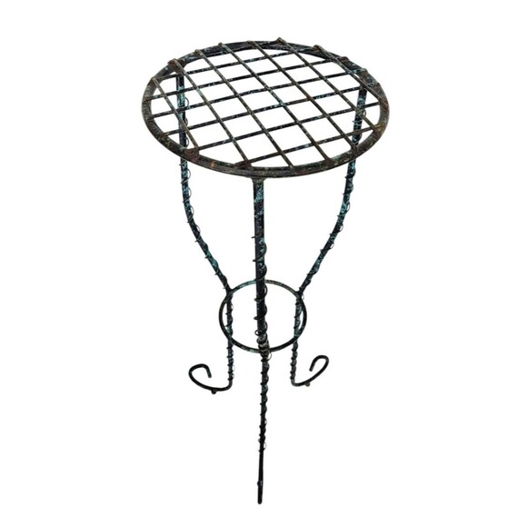 VTG Wrought Iron Twisted Scroll Ball Foot Pedestal Plant Stand Black Turquoise - Picture 1 of 13